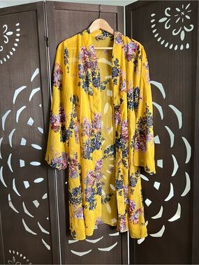 Floral Open-Front Kimono Cardigan in Yellow